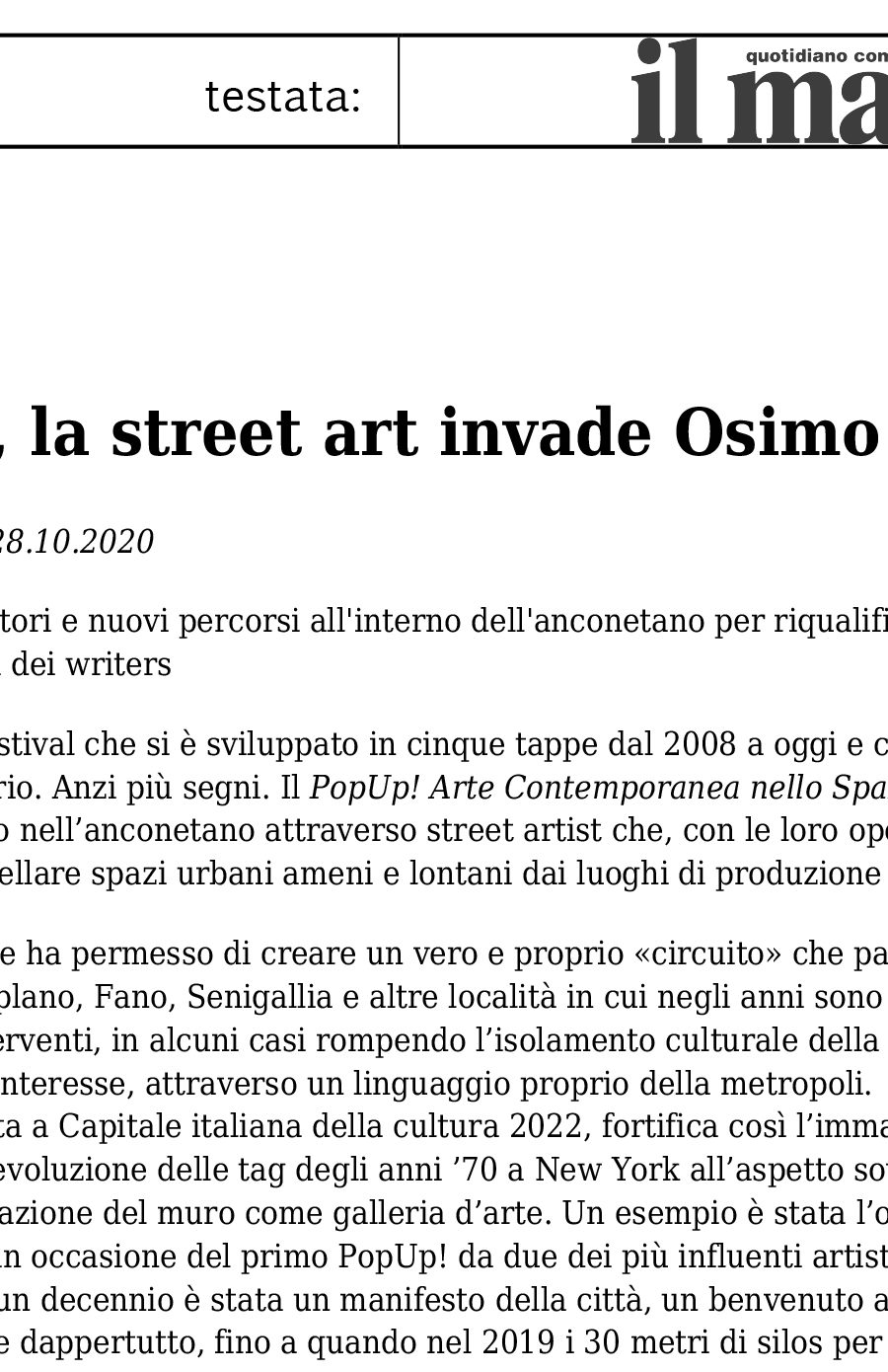 PopUp! La Street Art invade Osimo, Il Manifesto, 28 ottobre 2020, www.ilmanifesto.it